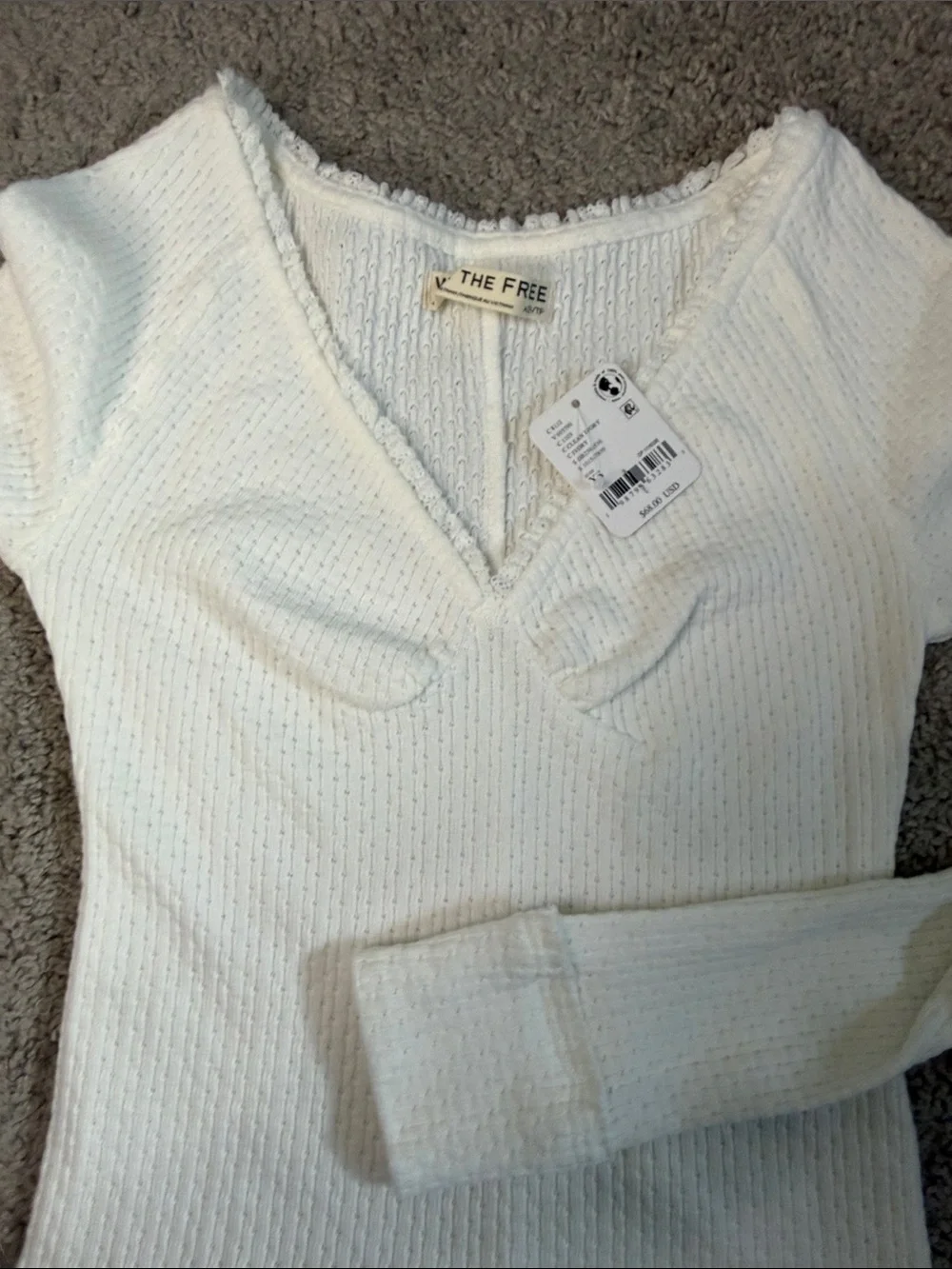 We The Free People Ivory Knit Long Sleeve V-Neck Babydoll Thermal Top XS NWT